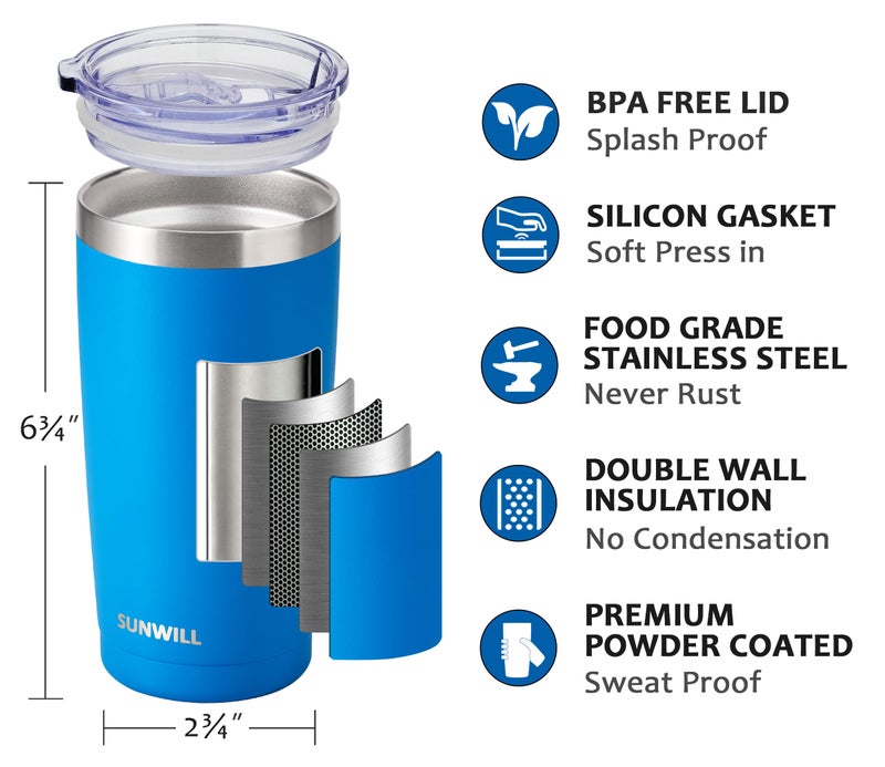 SUNWILL Travel Coffee Tumbler 20 oz, Insulated Mug with Lid, Stainless Steel Cup for Outdoor, Powder Coated Royal Blue - Image 2